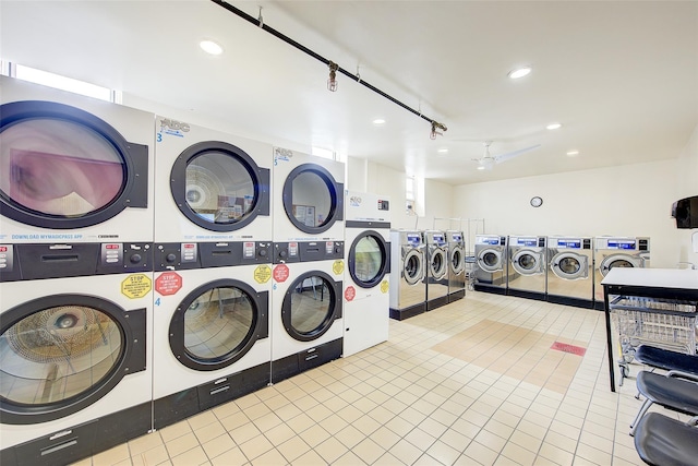 3901 Nostrand Ave Unit 3T, Brooklyn, NY 11235 - communal laundry room with stacked washer and clothes dryer, washing machine and clothes dryer, tile patterned flooring, and recessed lighting