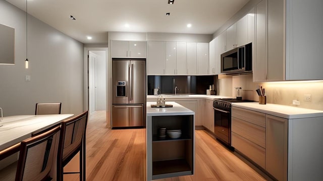 506 E 183rd St, Bronx, NY 10458 - kitchen with appliances with stainless steel finishes, modern cabinets, open shelves, light wood-style floors, and light countertops