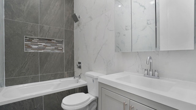 506 E 183rd St, Bronx, NY 10458 - full bath featuring tile walls, toilet, vanity, tiled shower / bath combo, and backsplash