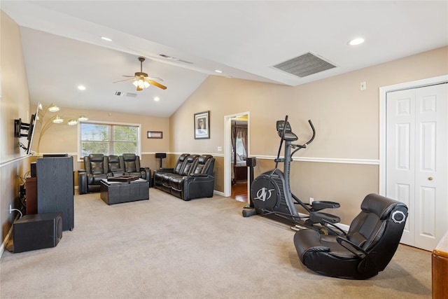 exercise area featuring lofted ceiling, carpet floors, a ceiling fan, and recessed lighting