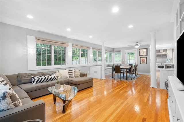 3 Briar Close Rd, Larchmont, NY 10538 - living room with decorative columns, a ceiling fan, light wood finished floors, recessed lighting, and baseboards