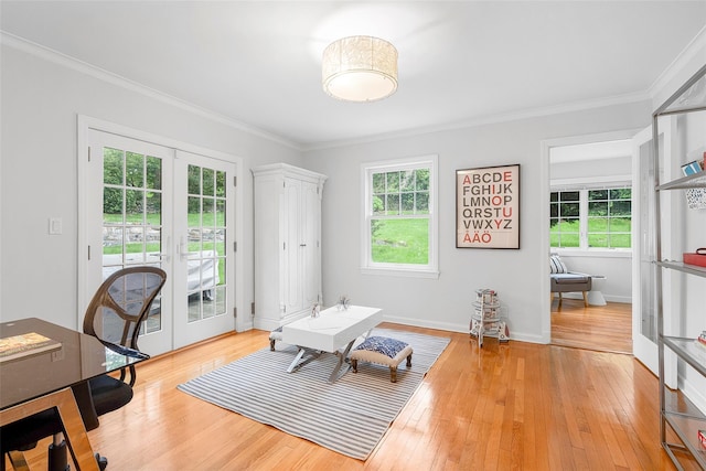 3 Briar Close Rd, Larchmont, NY 10538 - office area featuring french doors, ornamental molding, light wood-style flooring, and baseboards