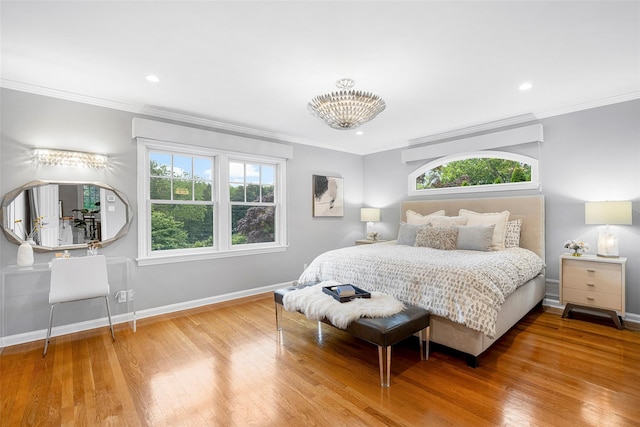 3 Briar Close Rd, Larchmont, NY 10538 - bedroom featuring baseboards, crown molding, wood finished floors, a chandelier, and recessed lighting