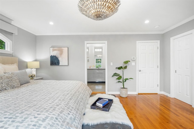 3 Briar Close Rd, Larchmont, NY 10538 - bedroom with light wood-style floors, crown molding, baseboards, a chandelier, and recessed lighting