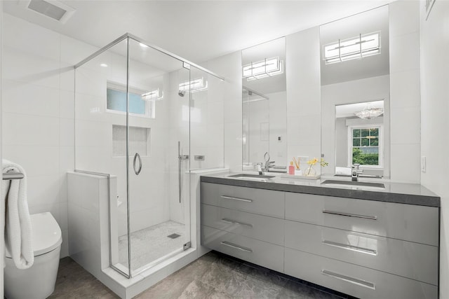 3 Briar Close Rd, Larchmont, NY 10538 - bathroom featuring double vanity, a stall shower, toilet, and marble finish flooring