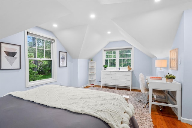 3 Briar Close Rd, Larchmont, NY 10538 - bedroom with multiple windows, baseboards, wood finished floors, vaulted ceiling, and recessed lighting