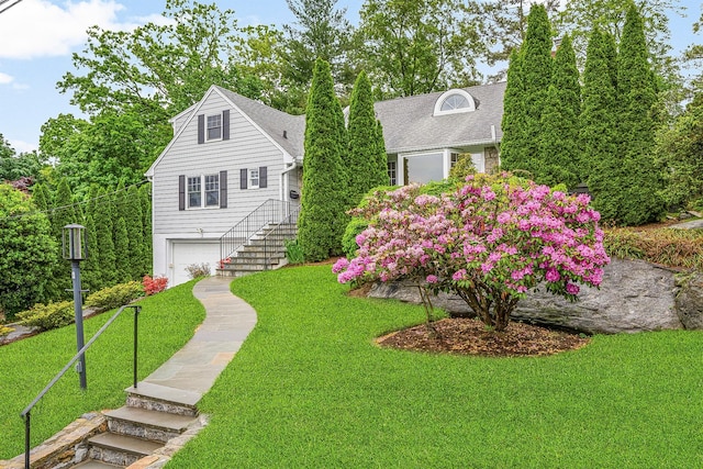 3 Briar Close Rd, Larchmont, NY 10538 - view of front of property with a front yard, an attached garage, stairs, and a shingled roof