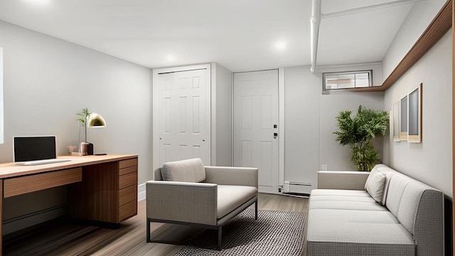 455 E 40th St, Brooklyn, NY 11203 - office area with a baseboard heating unit, wood finished floors, and recessed lighting
