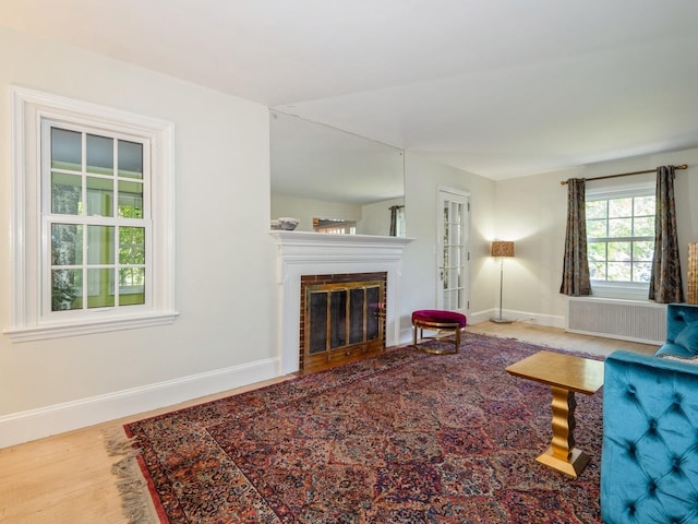 98 Jackson St, Fishkill, NY 12524 - living area featuring radiator heating unit, wood finished floors, and a brick fireplace