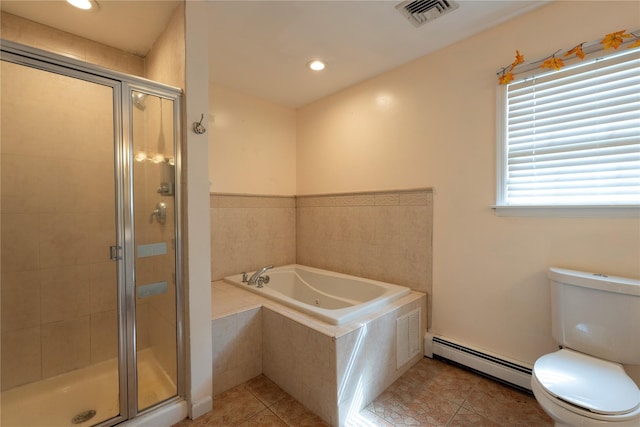 21 Pine Cone St, Middle Island, NY 11953 - full bath featuring baseboard heating, a garden tub, a shower stall, toilet, and tile patterned flooring
