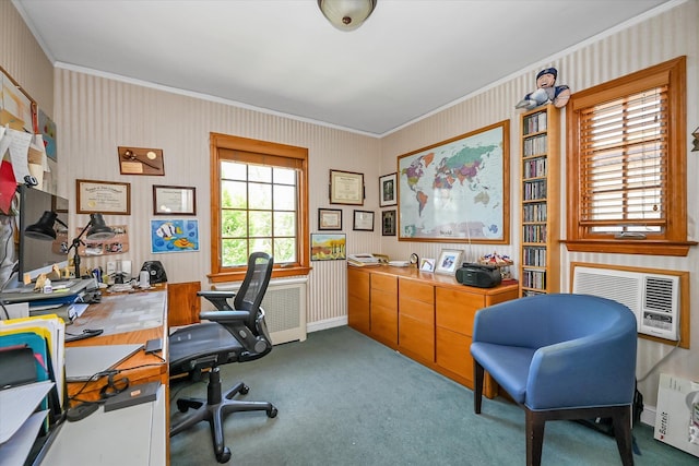182-04 80th Dr, Jamaica Estates, NY 11432 - office featuring ornamental molding, carpet, and a wall mounted air conditioner