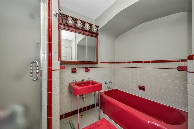 182-04 80th Dr, Jamaica Estates, NY 11432 - full bathroom with a shower stall, a bath, a sink, and tile walls
