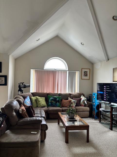 459 Monroe Blvd, Long Beach, NY 11561 - carpeted living area with vaulted ceiling and an office area