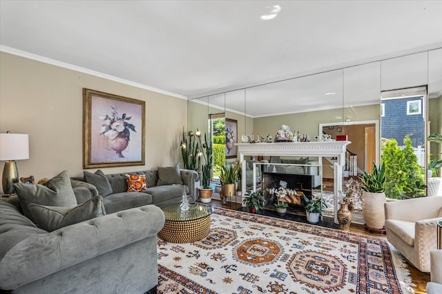 2957 214th Pl, Bayside, NY 11360 - living area featuring wood finished floors, a fireplace, and crown molding