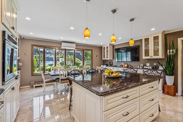 2957 214th Pl, Bayside, NY 11360 - kitchen with a wall mounted AC, oven, crown molding, recessed lighting, and glass insert cabinets