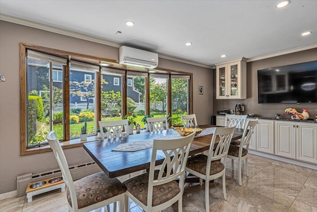 2957 214th Pl, Bayside, NY 11360 - dining area featuring a wall unit AC, crown molding, and recessed lighting