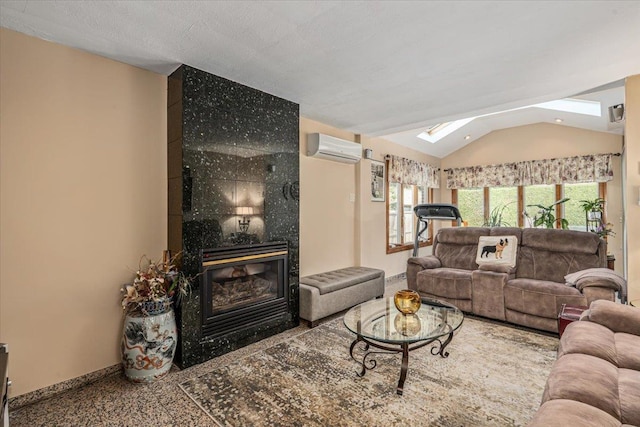 2957 214th Pl, Bayside, NY 11360 - living room featuring a wall mounted air conditioner, lofted ceiling, a tiled fireplace, and baseboards