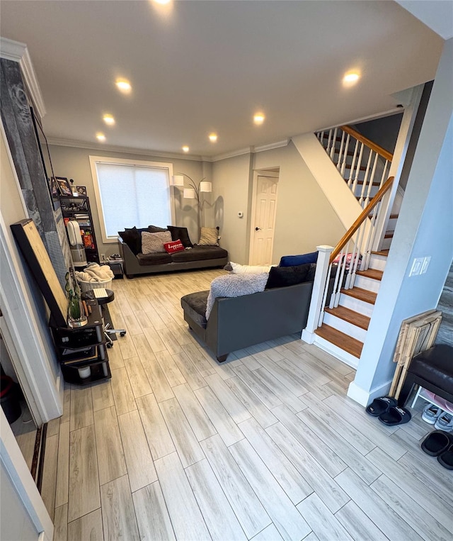 living room with light wood-type flooring, stairway, crown molding, and recessed lighting
