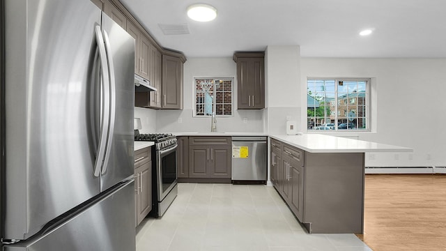 907 Clarence Ave, Bronx, NY 10465 - kitchen featuring stainless steel appliances, a peninsula, under cabinet range hood, a baseboard radiator, and healthy amount of natural light