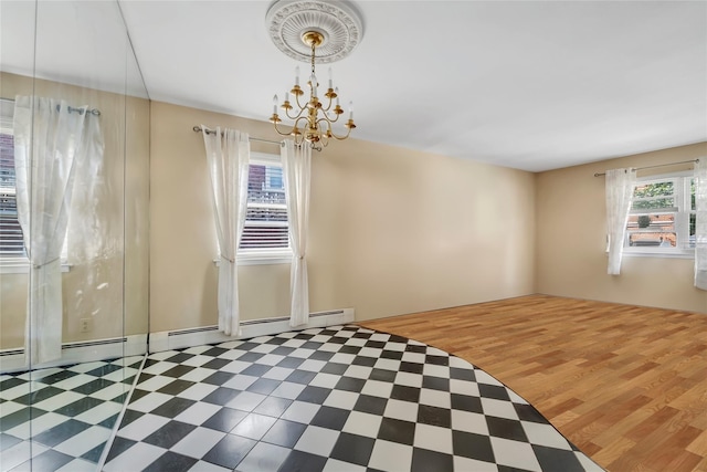 151-84 17th Rd, Whitestone, NY 11357 - unfurnished dining area featuring a chandelier, tile patterned floors, and a baseboard radiator