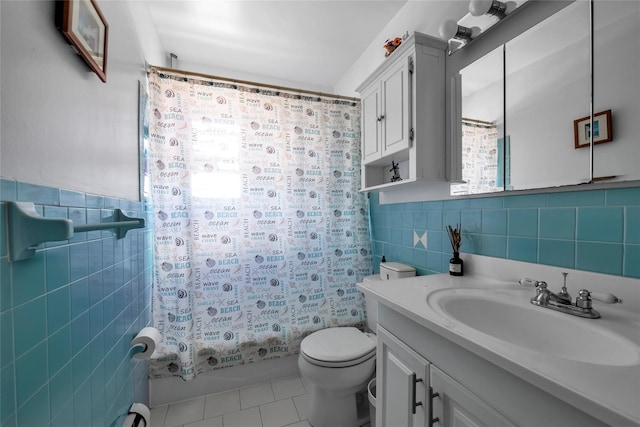 151-84 17th Rd, Whitestone, NY 11357 - bathroom with tile walls, tile patterned floors, toilet, shower / bath combo with shower curtain, and vanity