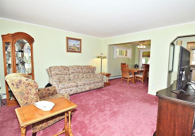 11 Cinque Dr, Farmingdale, NY 11735 - living room with carpet, ornamental molding, a baseboard radiator, and ceiling fan