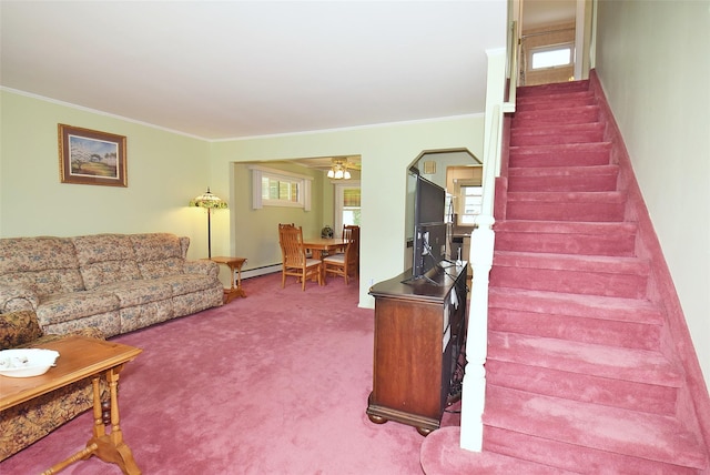 11 Cinque Dr, Farmingdale, NY 11735 - living room featuring stairway, ornamental molding, carpet flooring, a baseboard heating unit, and a ceiling fan