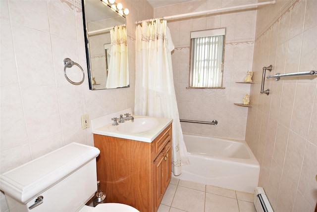 11 Cinque Dr, Farmingdale, NY 11735 - bathroom with tile walls, tile patterned flooring, baseboard heating, shower / bath combo with shower curtain, and vanity