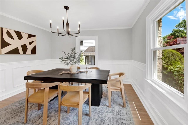 6 Mcbride Ave, White Plains, NY 10603 - dining area featuring a chandelier, wood finished floors, a wainscoted wall, crown molding, and a decorative wall