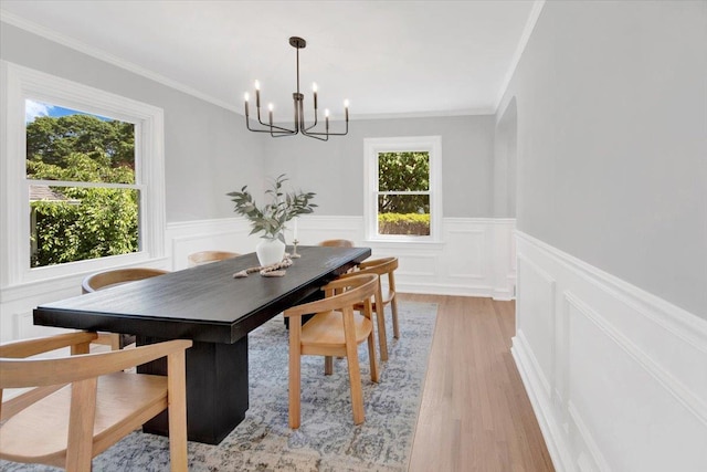 6 Mcbride Ave, White Plains, NY 10603 - dining space with a chandelier, plenty of natural light, light wood finished floors, a wainscoted wall, and ornamental molding