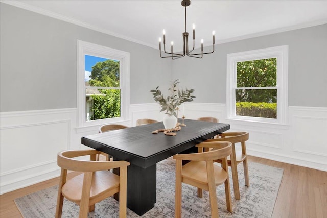 6 Mcbride Ave, White Plains, NY 10603 - dining space featuring a chandelier, wainscoting, healthy amount of natural light, ornamental molding, and light wood-style floors