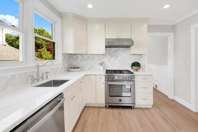 6 Mcbride Ave, White Plains, NY 10603 - kitchen with stainless steel appliances, under cabinet range hood, a sink, decorative backsplash, and light wood finished floors