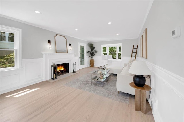 6 Mcbride Ave, White Plains, NY 10603 - living room with a decorative wall, light wood-style flooring, a lit fireplace, wainscoting, and recessed lighting