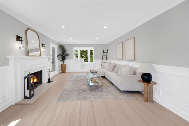 6 Mcbride Ave, White Plains, NY 10603 - living room featuring light wood-type flooring, crown molding, a wainscoted wall, a lit fireplace, and a decorative wall