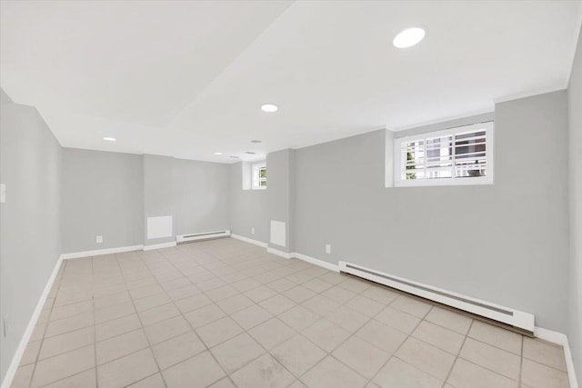 6 Mcbride Ave, White Plains, NY 10603 - basement with a baseboard radiator, recessed lighting, baseboards, and light tile patterned floors