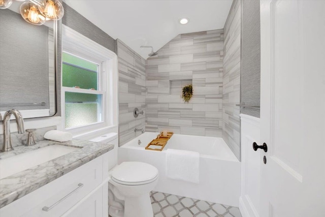 6 Mcbride Ave, White Plains, NY 10603 - full bathroom featuring toilet, vanity, lofted ceiling,  shower combination, and recessed lighting