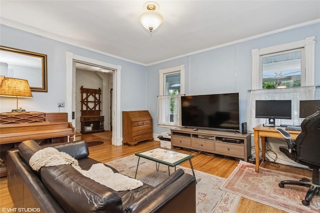 24 John St, Beacon, NY 12508 - living room with an office area, wood finished floors, and crown molding