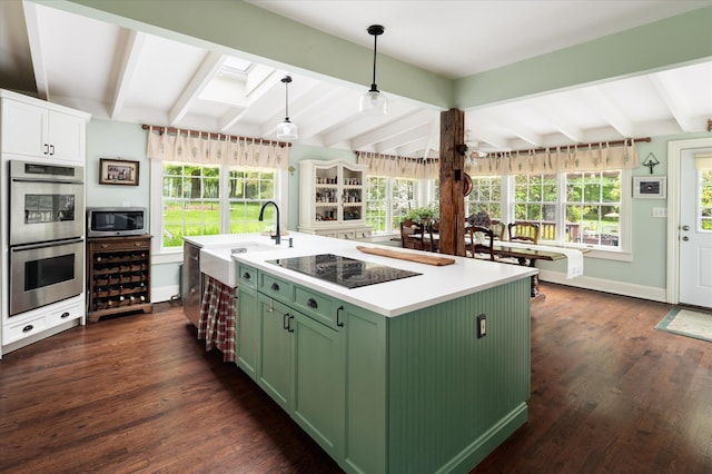 41 Granite Springs Rd, Granite Springs, NY 10527 - kitchen featuring green cabinets, a sink, stainless steel appliances, beam ceiling, and beverage cooler