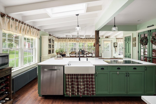 41 Granite Springs Rd, Granite Springs, NY 10527 - kitchen featuring green cabinetry, stainless steel appliances, a sink, radiator, and beam ceiling