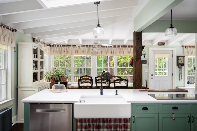 41 Granite Springs Rd, Granite Springs, NY 10527 - bar area with stainless steel dishwasher, radiator heating unit, a sink, beam ceiling, and black electric stovetop