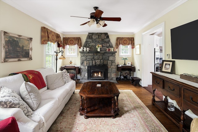 41 Granite Springs Rd, Granite Springs, NY 10527 - living area featuring healthy amount of natural light, a ceiling fan, ornamental molding, wood finished floors, and a stone fireplace