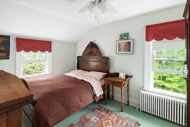 41 Granite Springs Rd, Granite Springs, NY 10527 - bedroom with radiator heating unit, vaulted ceiling, baseboards, and a ceiling fan
