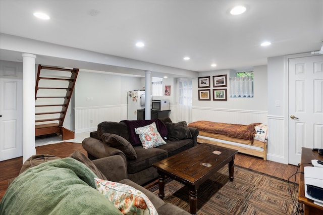 41 Granite Springs Rd, Granite Springs, NY 10527 - living area featuring wood finished floors, a wainscoted wall, recessed lighting, and stairs