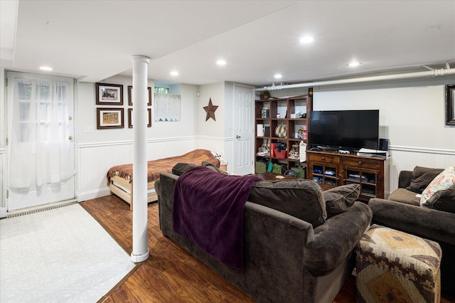 41 Granite Springs Rd, Granite Springs, NY 10527 - living room with a wainscoted wall, wood finished floors, and recessed lighting