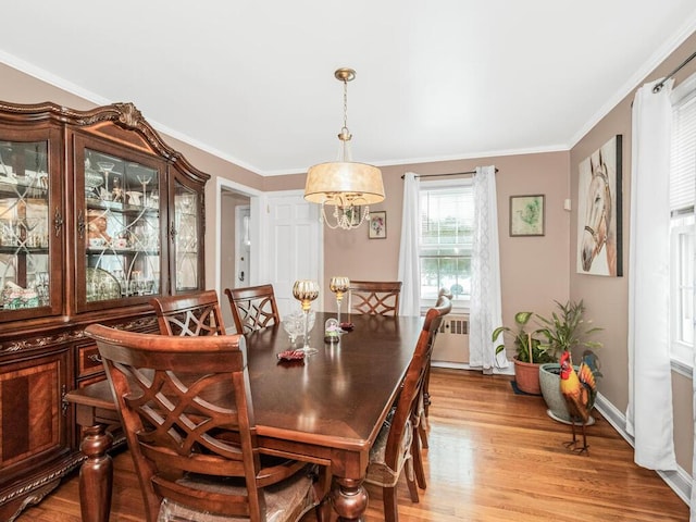 dining room with light wood finished floors, crown molding, radiator heating unit, baseboards, and a chandelier