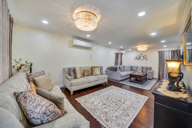 living area featuring ornamental molding, a wall mounted AC, recessed lighting, dark wood finished floors, and baseboards