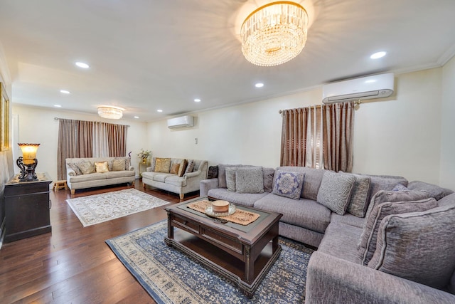 living area featuring a wall unit AC, dark wood-style flooring, recessed lighting, a chandelier, and crown molding