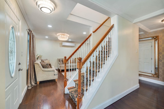 staircase featuring an AC wall unit, baseboards, hardwood / wood-style flooring, recessed lighting, and ornamental molding