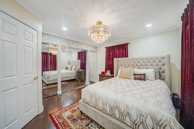 bedroom with a chandelier, wood finished floors, ornamental molding, and recessed lighting