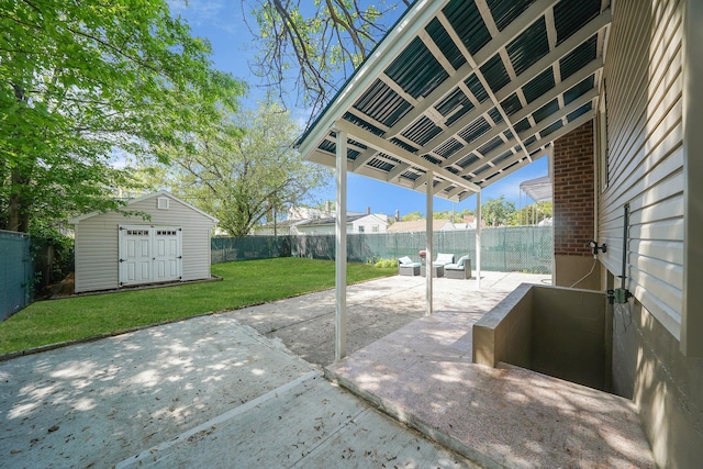 view of patio with a storage shed, an outbuilding, and outdoor lounge area